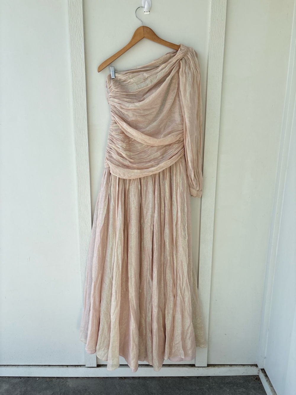 BHLDN Jade Metallic One-Shoulder Asymmetrical-Waist Gown Size 10 - Picture 5 of 12